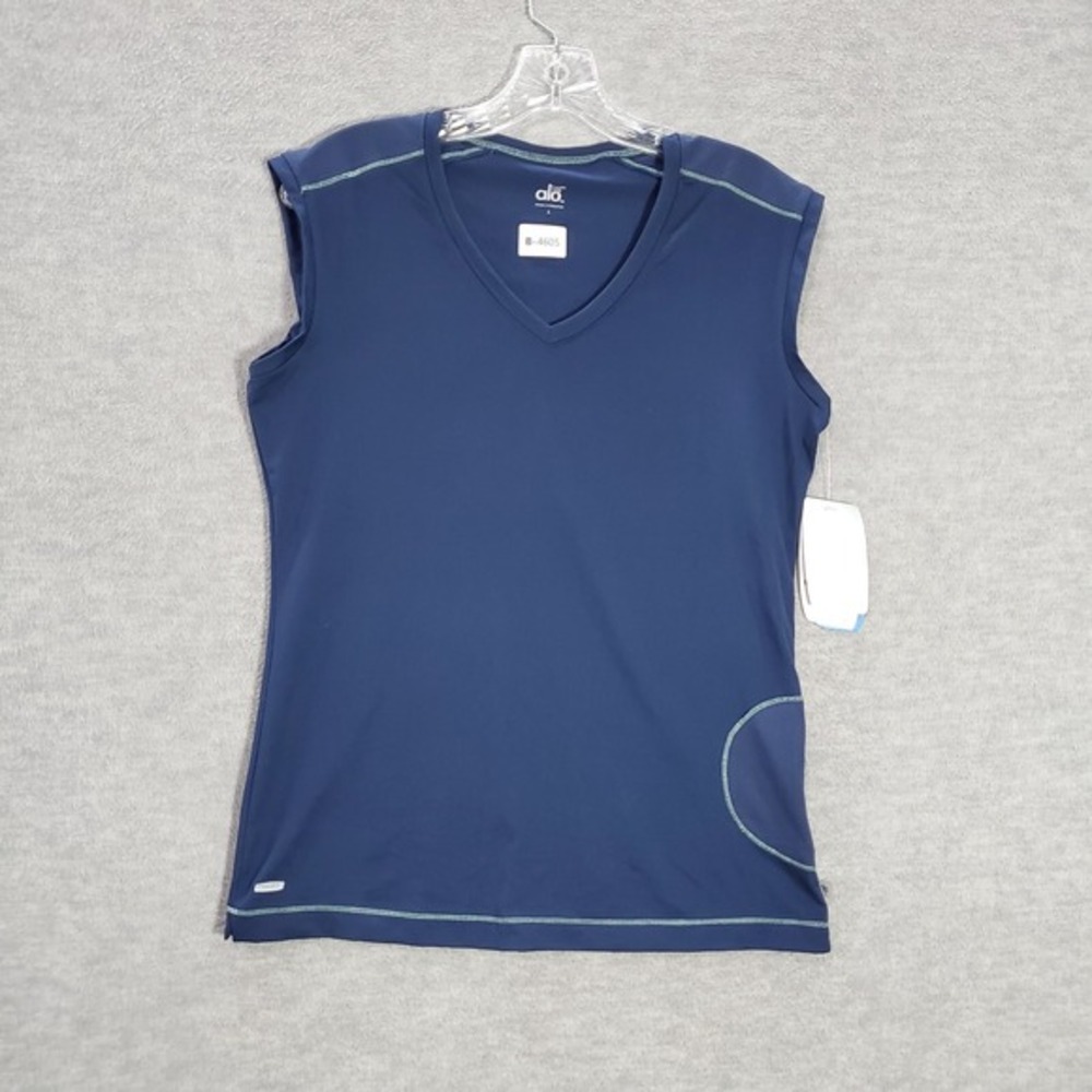 ALO Women Activewear Tank Top Large Blue Cool Fit Zip Pocket V Neck Pullover NWT